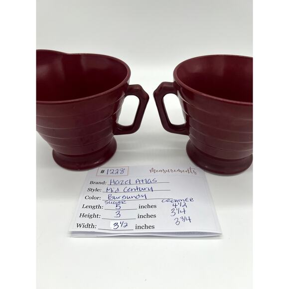 Hazel Atlas Moderntone Burgundy Red Footed Creamer & Sugar Set Vertical Ribbing - Picture 14 of 14